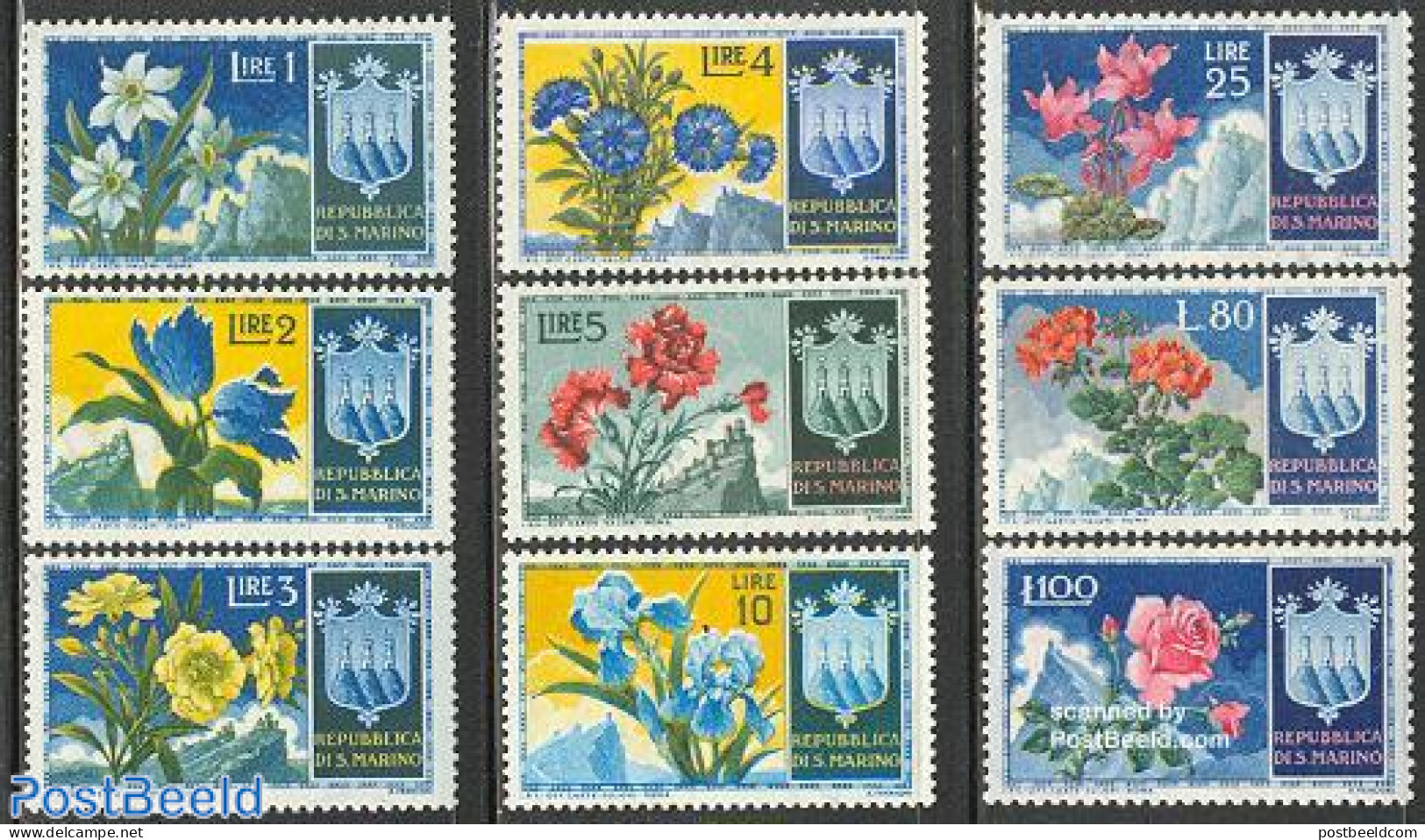 San Marino 1953 Flowers 9v, Unused (hinged), History - Nature - Coat Of Arms - Flowers & Plants - Nuevos