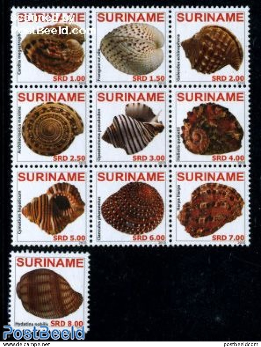Suriname, Republic 2010 Shells 10v (1v+sheetlet), Mint NH, Nature - Shells & Crustaceans - Mundo Aquatico