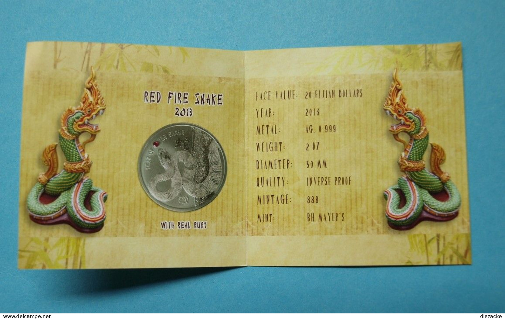 Fidschi 2013 20 Dollars "Red Fire Snake" 2 Oz Silber Mit Rubin (EM648 - Zonder Classificatie