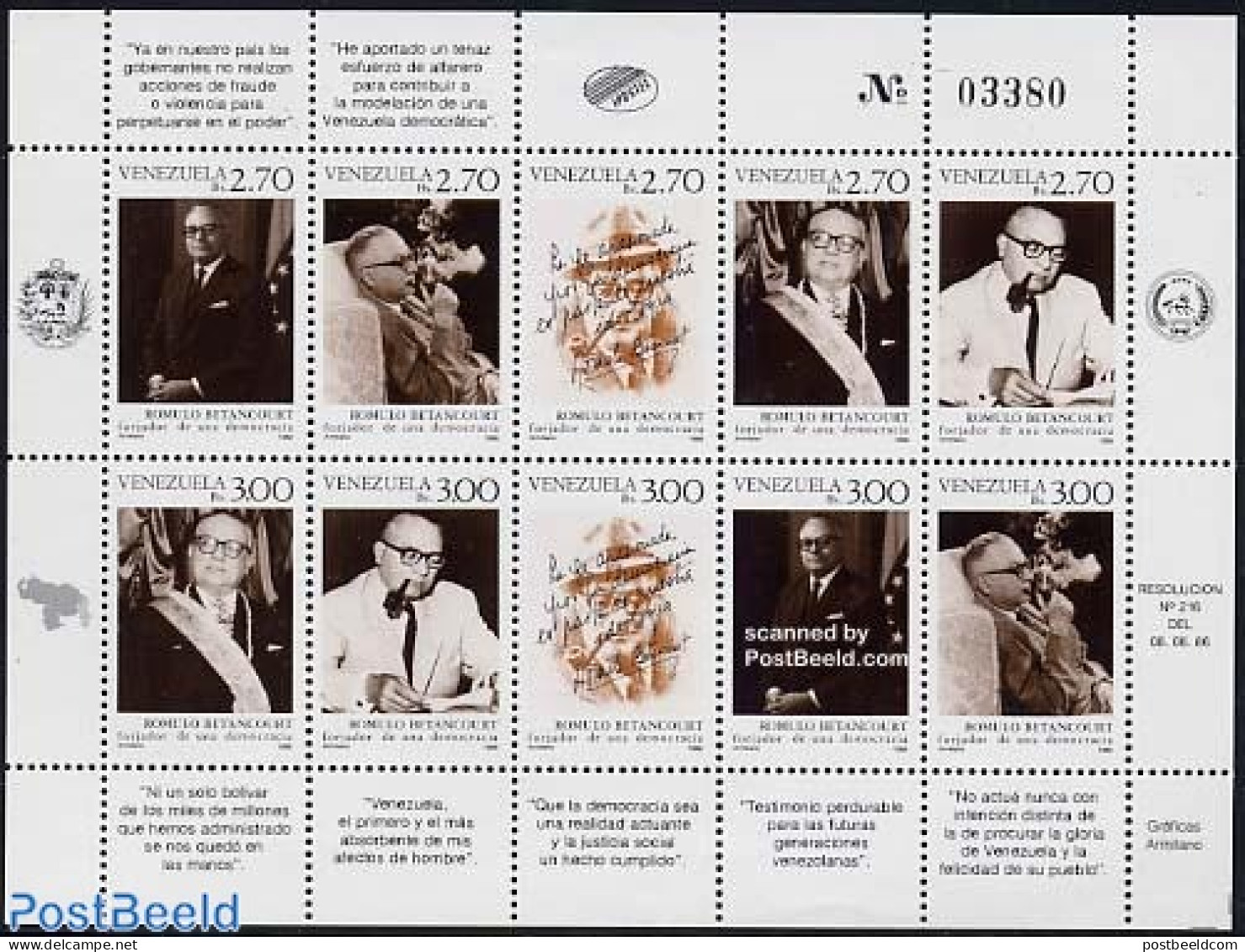 Venezuela 1986 R. Betancourt 10v M/s, Mint NH, Health - History - Smoking & Tobacco - Politicians - Art - Handwriting .. - Tabak
