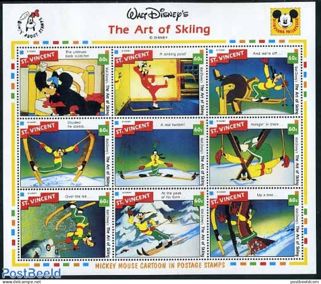 Saint Vincent 1992 Disney, The Art Of Skiing 9v M/s, Mint NH, Sport - Skiing - Art - Disney - Skisport