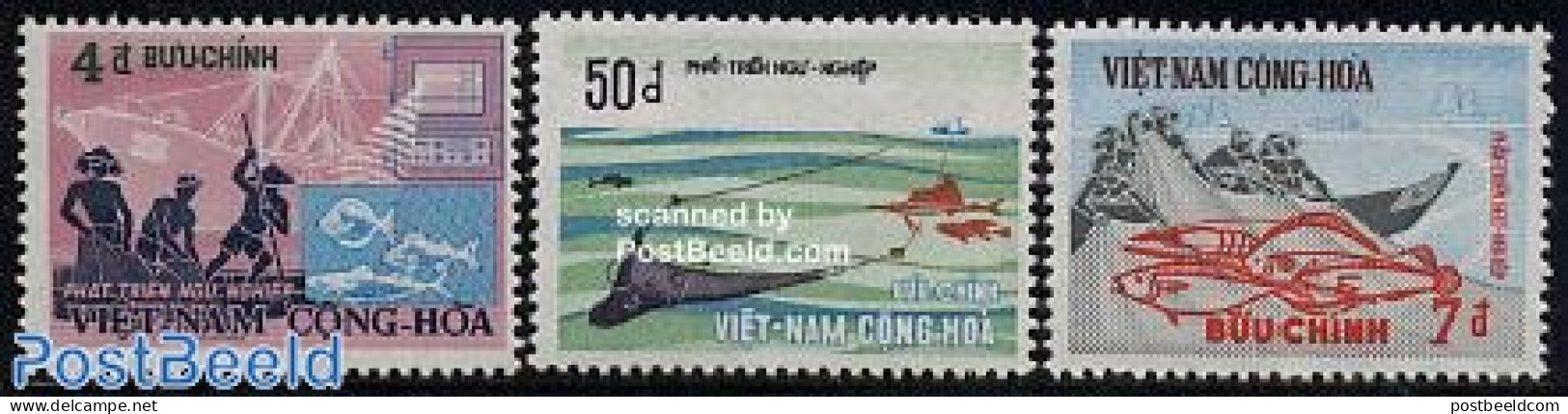 Vietnam, South 1972 Fishing 3v, Mint NH, Nature - Transport - Fish - Fishing - Ships And Boats - Fische