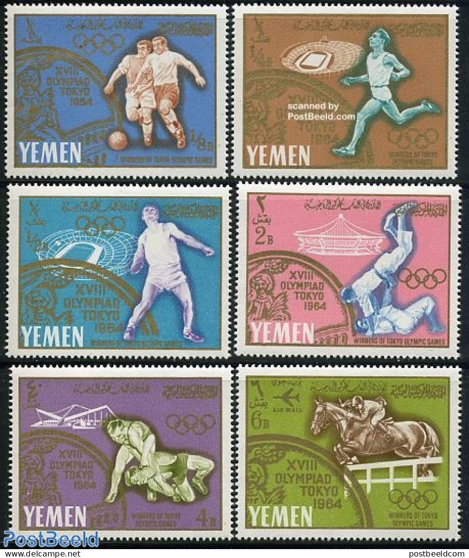 Yemen, Kingdom 1965 Olympic Winners 6v, Mint NH, Nature - Sport - Horses - Athletics - Football - Judo - Olympic Games - Leichtathletik