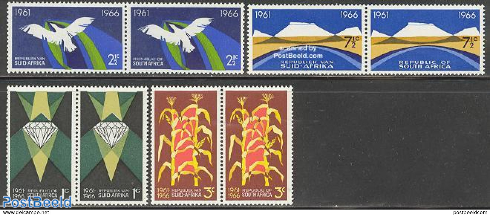 South Africa 1966 Republic 5th Anniversary 4 Pairs, Mint NH, History - Nature - Various - Geology - Birds - Agricultur.. - Nuevos