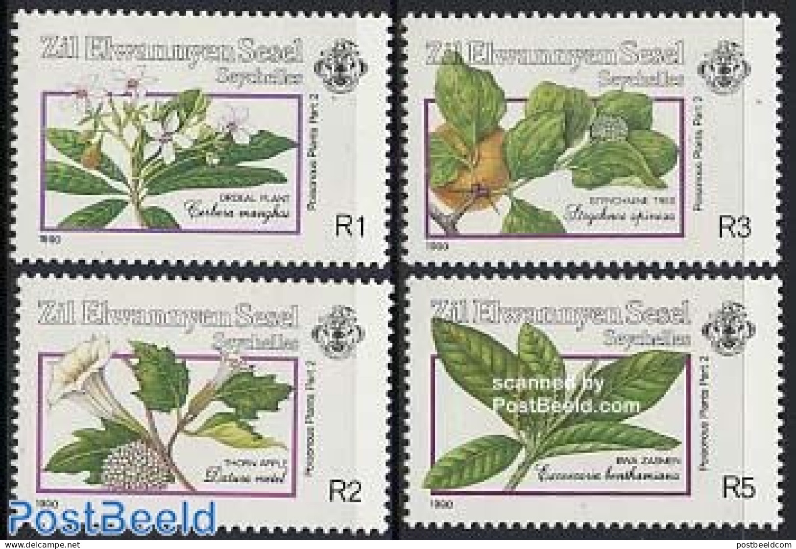 Seychelles, Zil Eloigne Sesel 1990 Poisened Plants 4v, Mint NH, Nature - Flowers & Plants - Seychelles (1976-...)