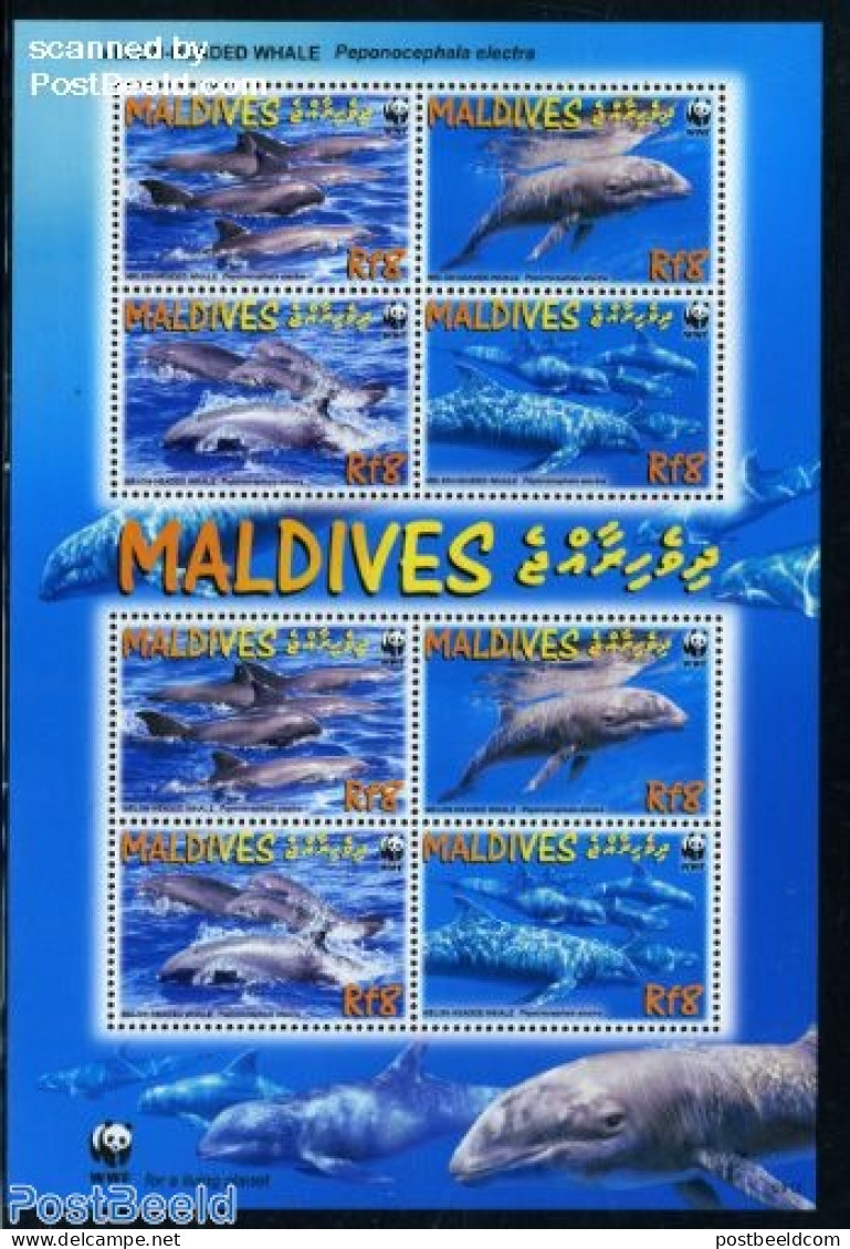 Maldives 2009 WWF, Melon-headed Whale 2x4v M/s, Mint NH, Nature - Sea Mammals - World Wildlife Fund (WWF) - Maldives (1965-...)