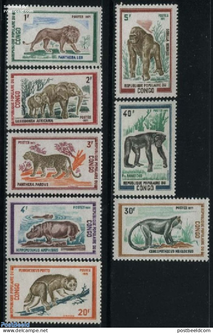 Congo Republic 1972 Wild Animals 8v, Mint NH, Nature - Animals (others & Mixed) - Cat Family - Elephants - Hippopotamu.. - Other & Unclassified