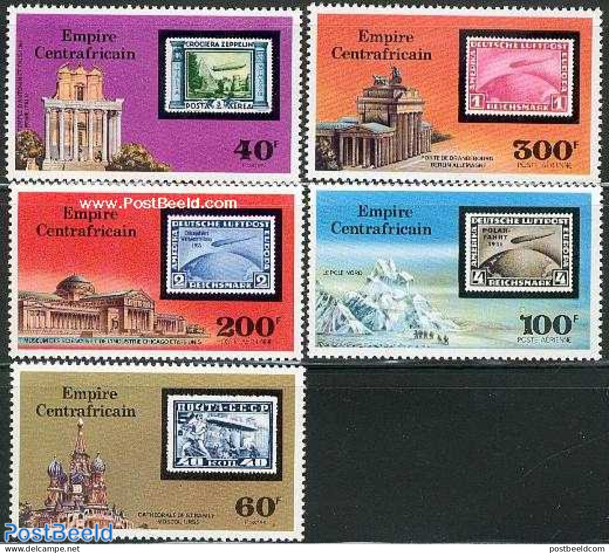 Central Africa 1977 Zeppelin Stamps 5v, Mint NH, Transport - Stamps On Stamps - Zeppelins - Timbres Sur Timbres