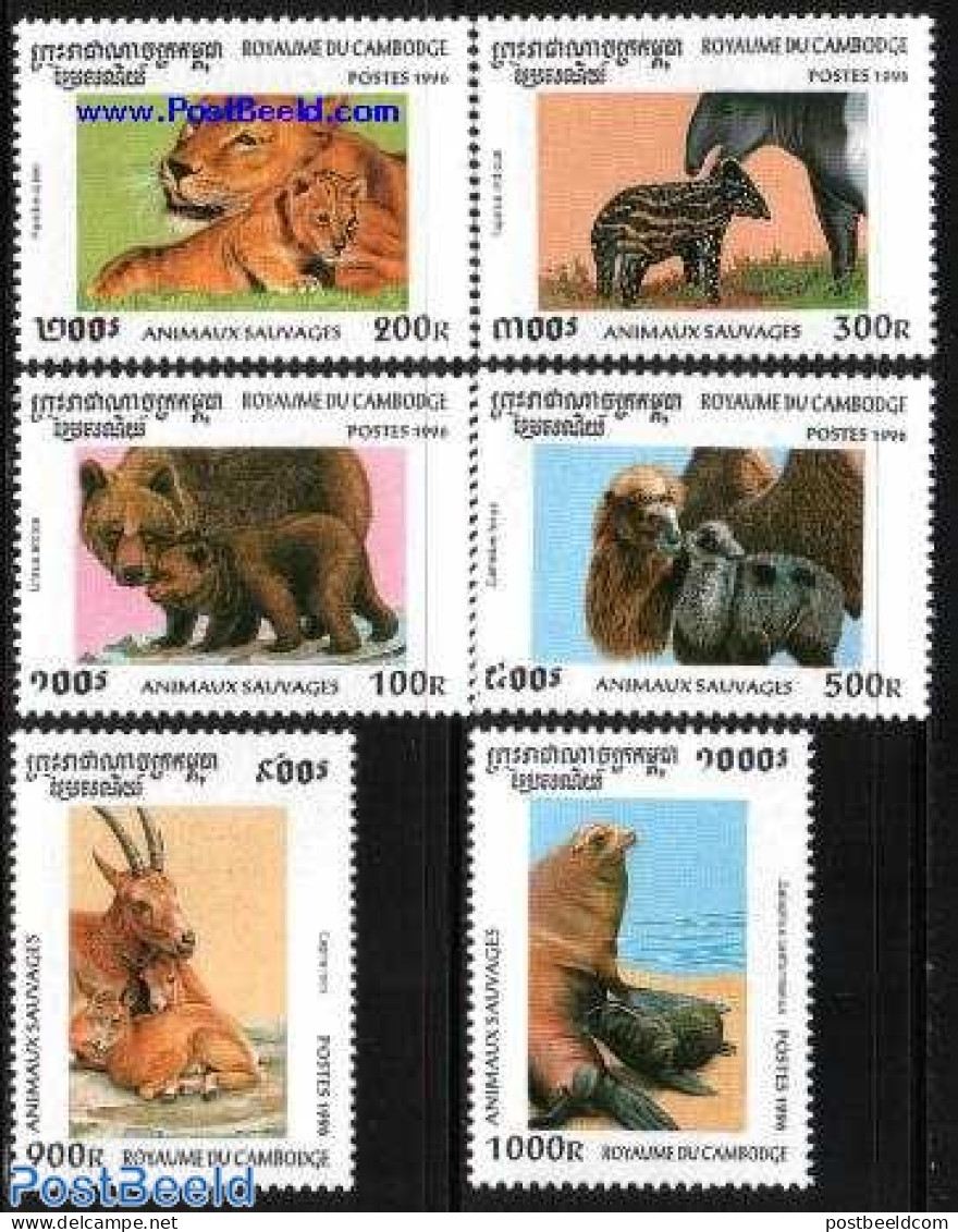 Cambodia 1996 Wild Animals 6v, Mint NH, Nature - Animals (others & Mixed) - Bears - Camels - Sea Mammals - Kambodscha