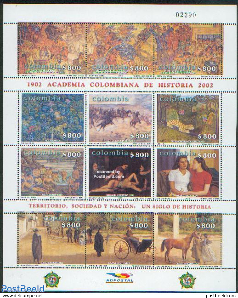 Colombia 2002 History 12v M/s, Mint NH, History - Nature - Science - History - Horses - Mining - Art - Paintings - Kolumbien
