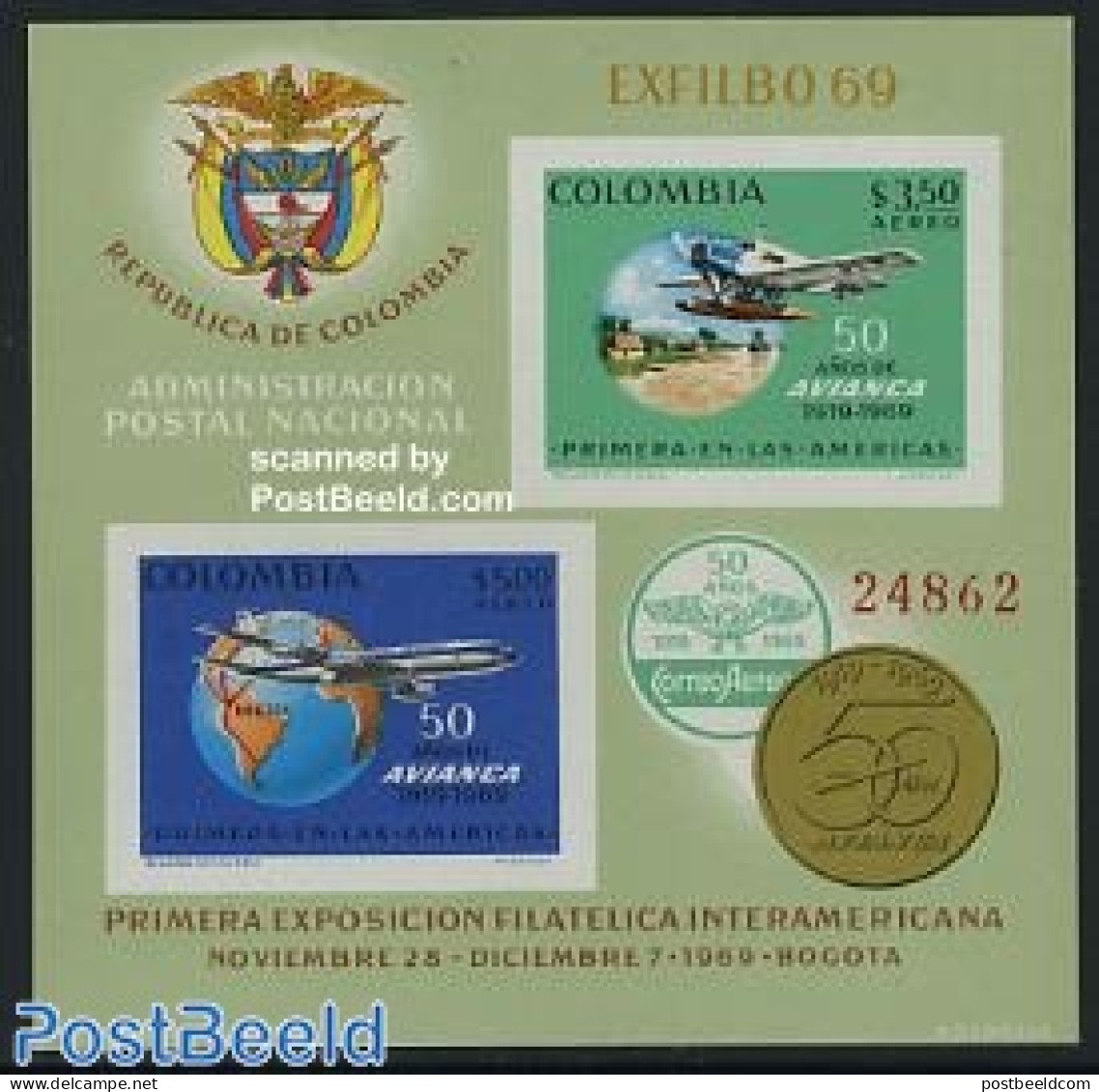 Colombia 1969 Avianca S/s, Mint NH, Transport - Various - Aircraft & Aviation - Globes - Avions
