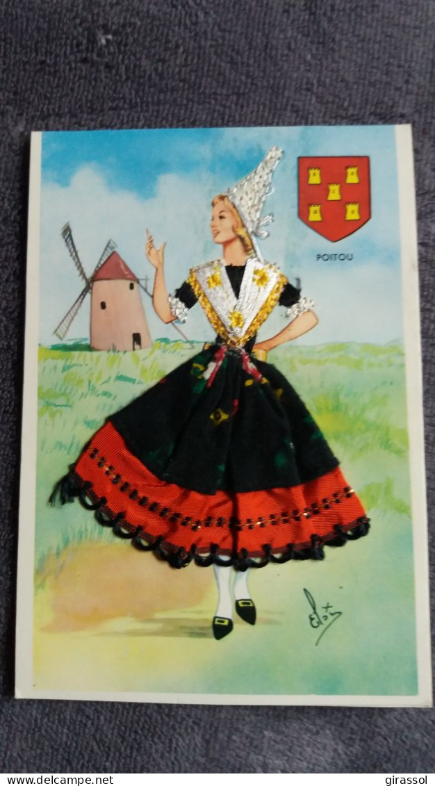 CARTE  BRODEE FOKLORE FOLKLORIQUE FEMME POITOU BLASON MOULIN A VENT  DESSIN ELSI ED VACANCES - Brodées