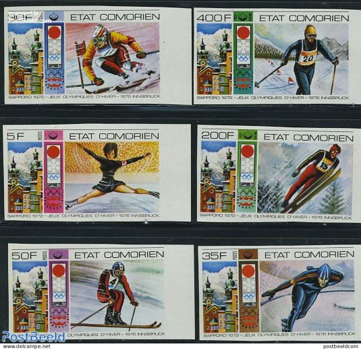 Comoros 1976 Winter Olympic Games 6v Imperforated, Mint NH, Sport - Olympic Winter Games - Skating - Skiing - Skiing