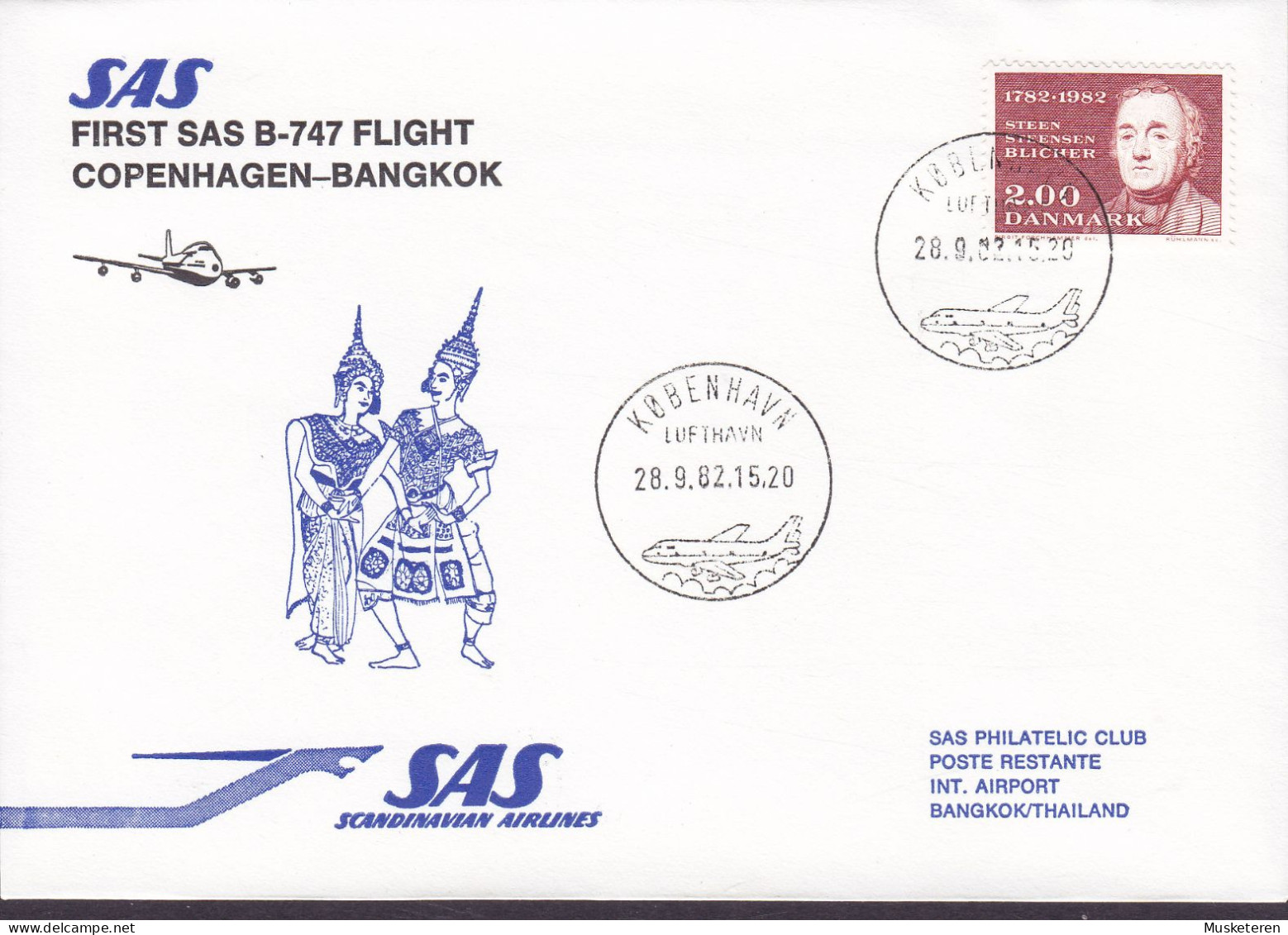 Denmark First SAS 747-B Flight COPENHAGEN - BANGKOK, KØBENHAVN LUFTHAVN 1982 Cover Brief Lettre Steen Steensen Blicher - Posta Aerea