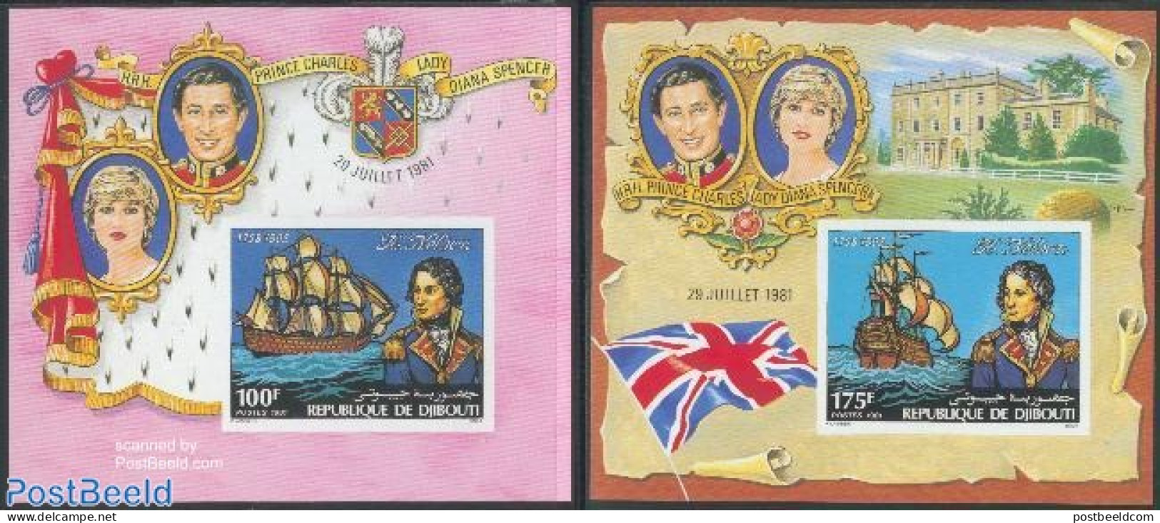 Djibouti 1981 Lord Nelson 2 S/s Imperforated, Mint NH, History - Transport - Various - Charles & Diana - Flags - Ships.. - Königshäuser, Adel