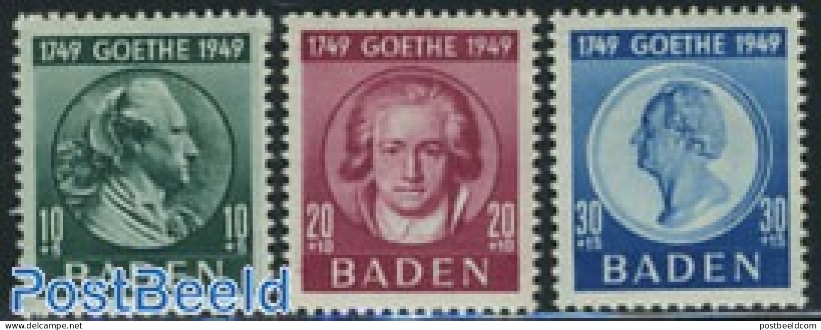 Germany, French Zone 1949 Baden, Goethe 3v, Mint NH, Art - Authors - Schriftsteller