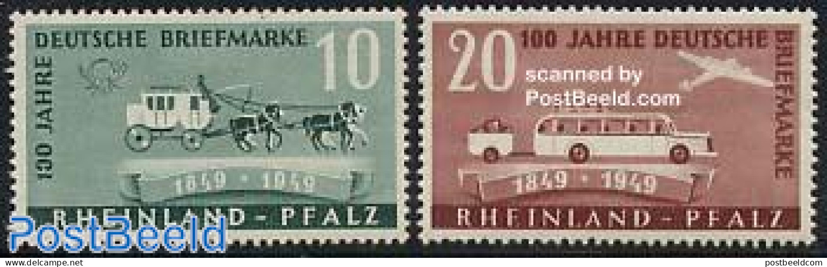Germany, French Zone 1949 Rheinland-Pfalz, Stamp Centenary 2v, Mint NH, Nature - Transport - Horses - Automobiles - Co.. - Cars