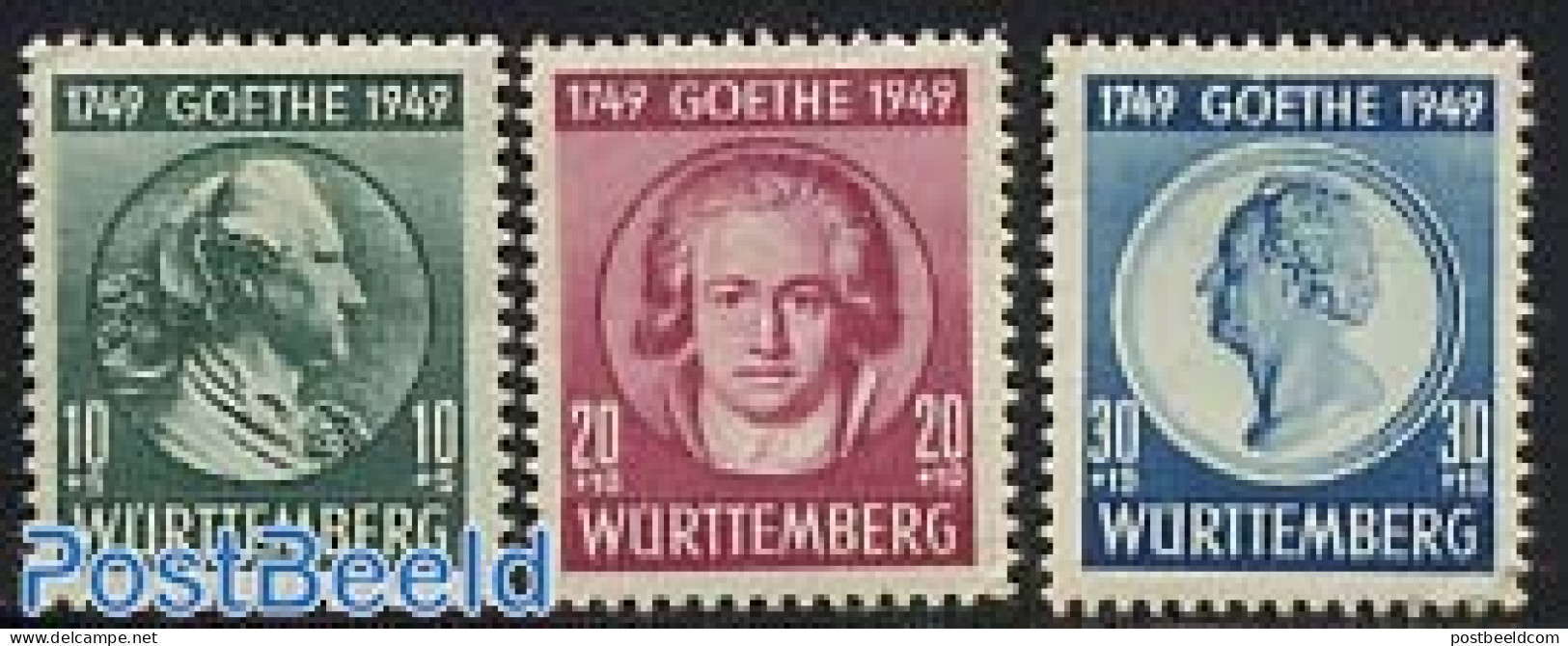 Germany, French Zone 1949 Wurttemberg, Goethe 3v, Mint NH, Art - Authors - Writers