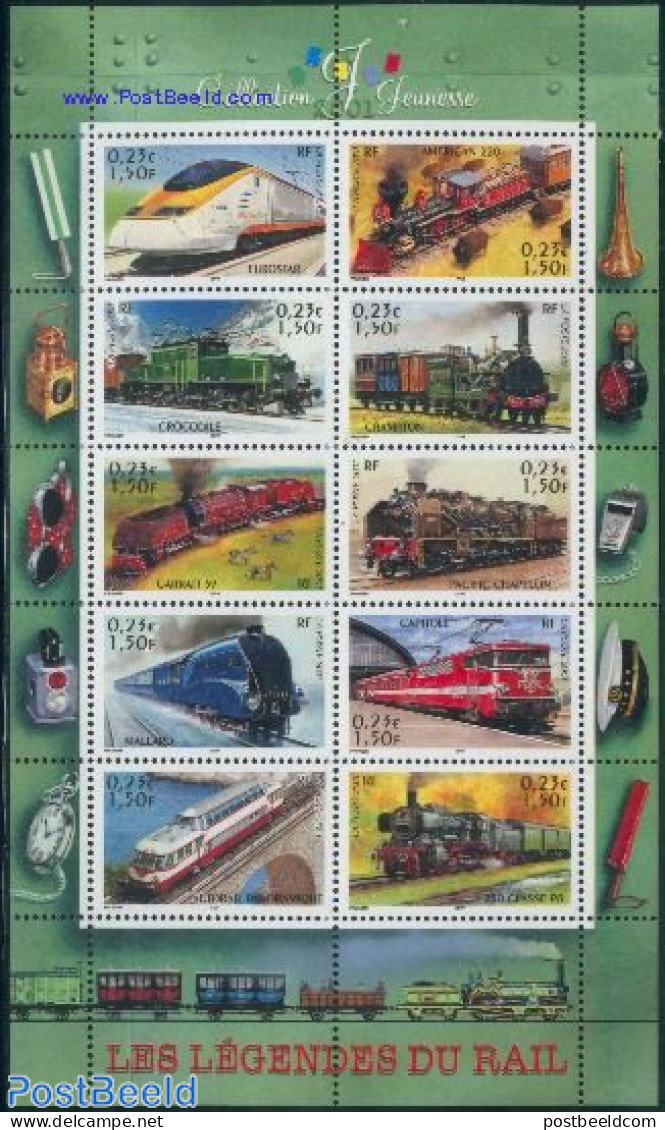 France 2001 Trains 10v M/s, Mint NH, Nature - Transport - Animals (others & Mixed) - Railways - Art - Bridges And Tunn.. - Unused Stamps
