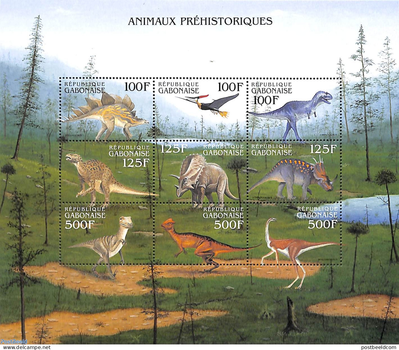 Gabon 2000 Preh. Animals 9v M/s, Stegosaurus, Mint NH, Nature - Prehistoric Animals - Ongebruikt