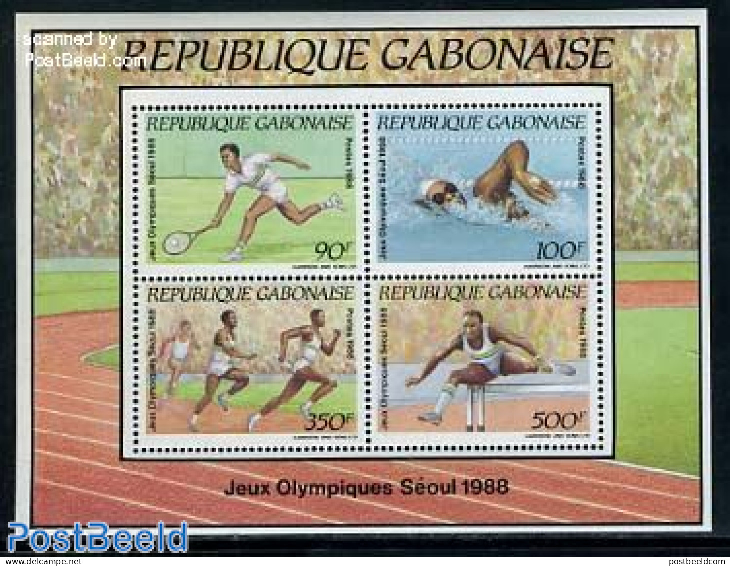 Gabon 1988 Olympic Games S/s, Mint NH, Sport - Athletics - Olympic Games - Swimming - Tennis - Ongebruikt