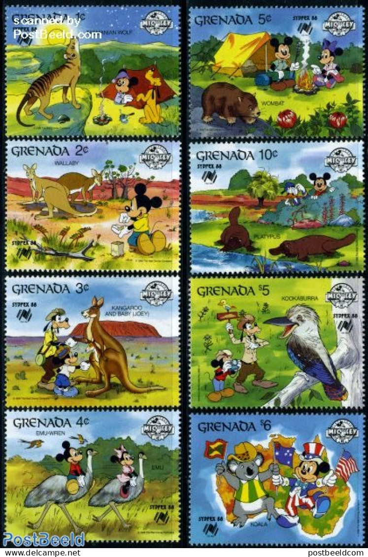 Grenada 1988 Sydpex, Disney 8v, Mint NH, Nature - Animals (others & Mixed) - Birds - Art - Disney - Kingfishers - Disney