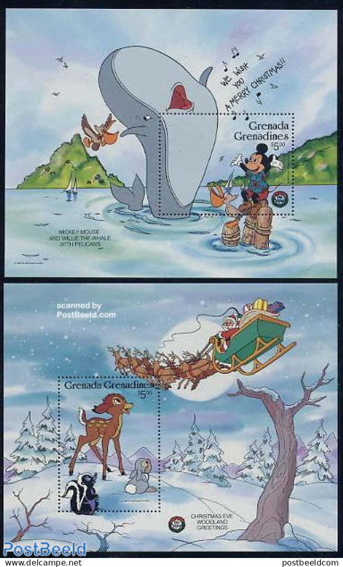 Grenada Grenadines 1986 Christmas, Disney 2 S/s, Mint NH, Religion - Christmas - Art - Disney - Noël