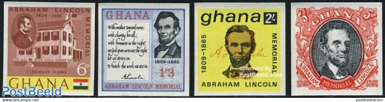Ghana 1965 Death Of A. Lincoln 4v Imperforated, Mint NH, History - Politicians - US Bicentenary - Stamps On Stamps - Postzegels Op Postzegels