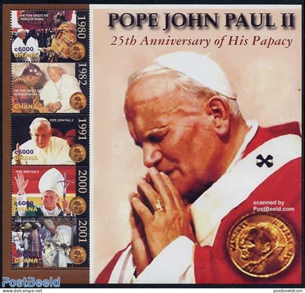 Ghana 2004 25 Years Pope John Paul II 5v M/s, Mint NH, Religion - Pope - Religion - Papas