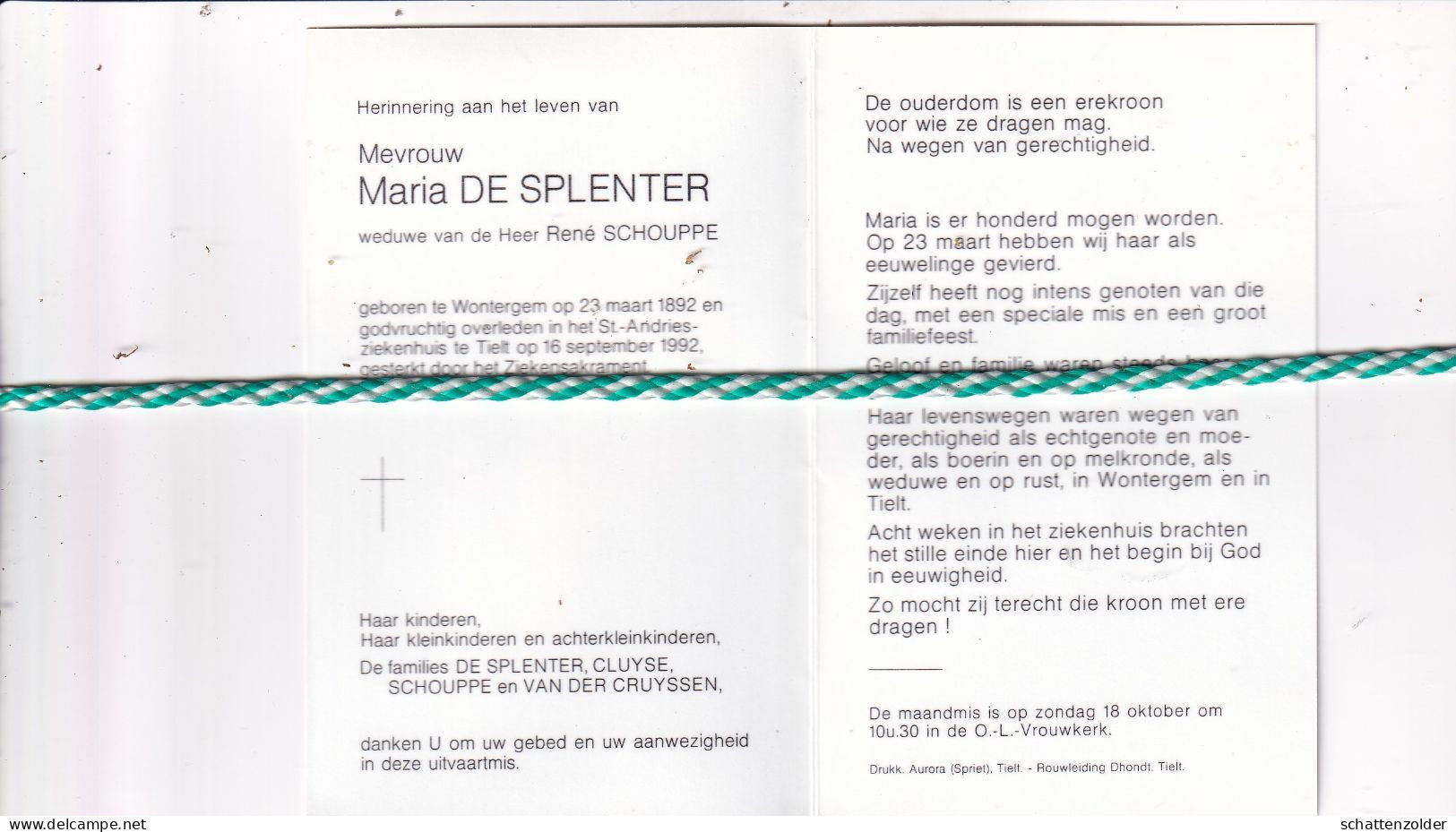 Maria De Splenter-Schouppe, Wontergem 1892, Tielt 1992. Honderdjarige. Foto - Obituary Notices