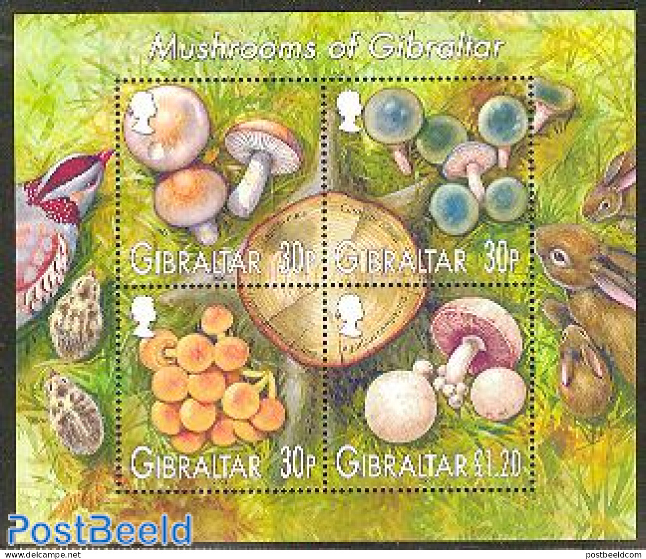 Gibraltar 2003 Mushrooms S/s, Mint NH, Nature - Birds - Mushrooms - Rabbits / Hares - Paddestoelen