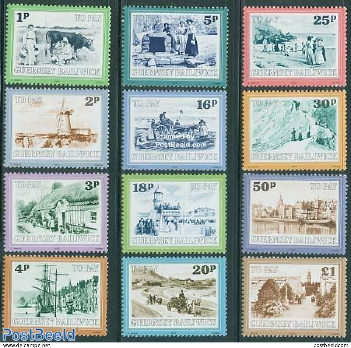 Guernsey 1982 Postage Due, Views 12v, Mint NH, Nature - Transport - Various - Cattle - Horses - Ships And Boats - Ligh.. - Schiffe