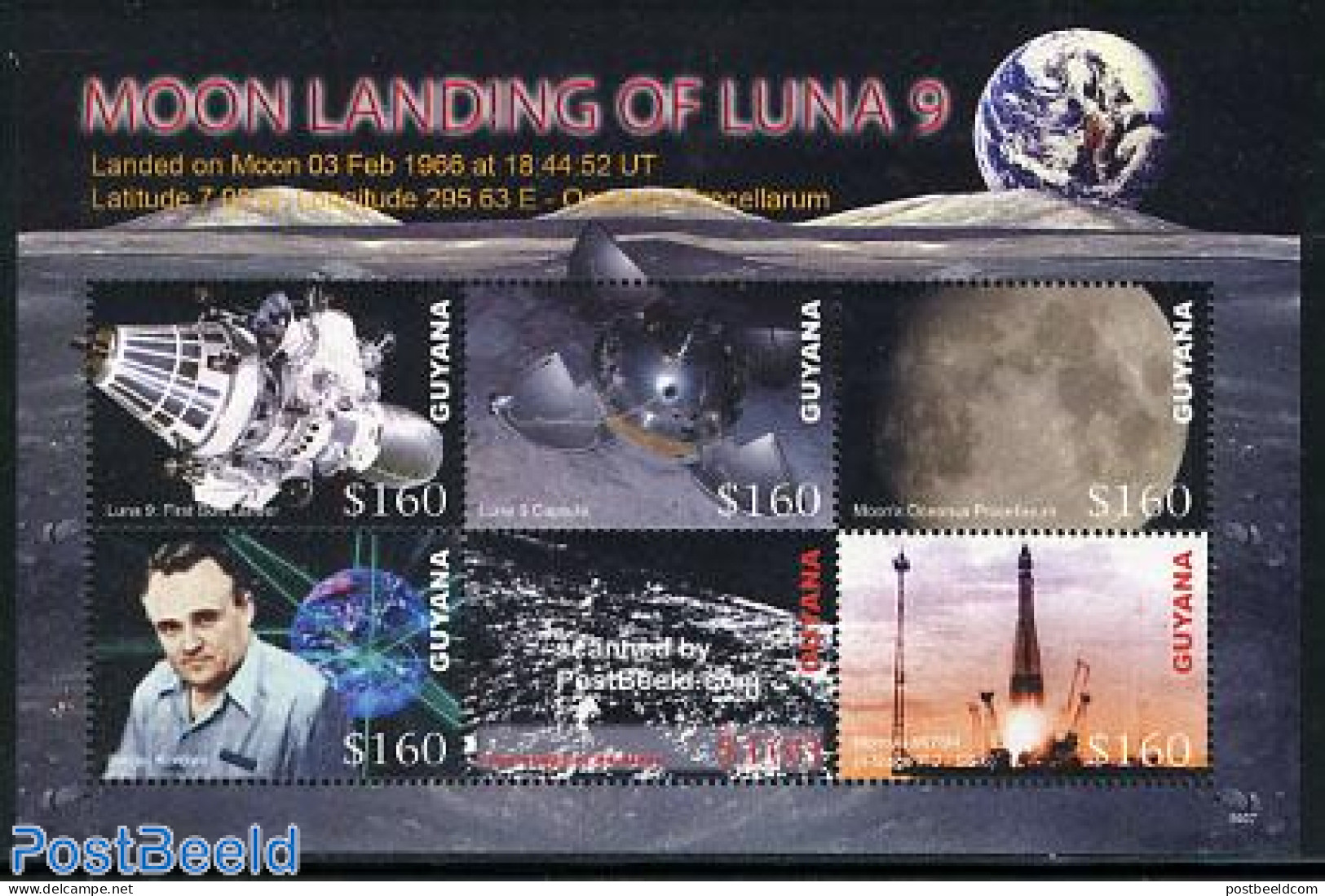 Guyana 2006 Luna 9 Moonlanding 6v M/s, Mint NH, Transport - Space Exploration - Guyane (1966-...)