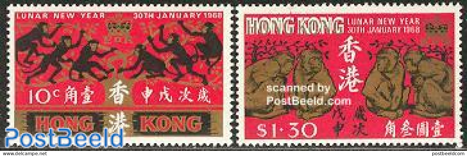 Hong Kong 1968 Year Of The Monkey 2v, Mint NH, Nature - Various - Monkeys - New Year - Unused Stamps
