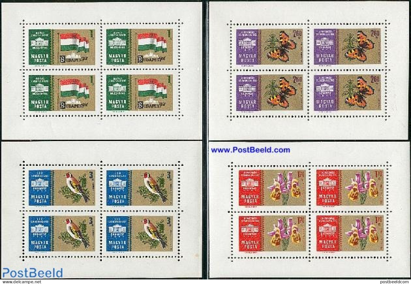 Hungary 1961 Stamp Exposition 4 S/s, Mint NH, Nature - Birds - Butterflies - Flowers & Plants - Orchids - Neufs