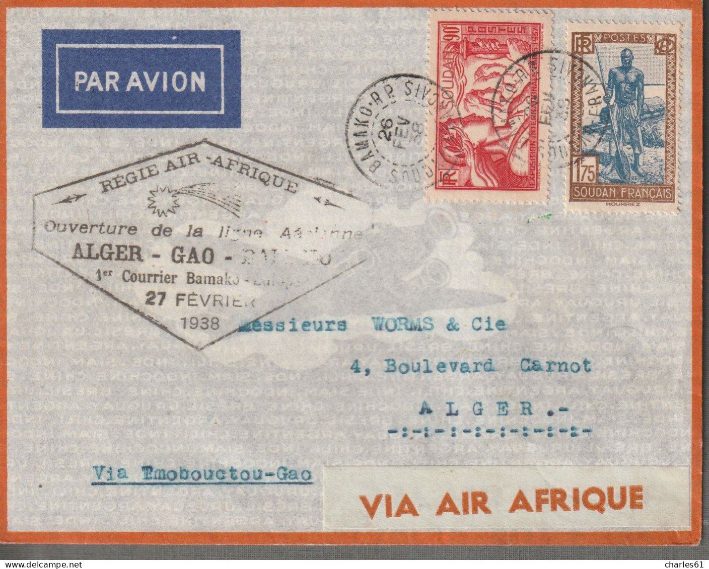 SOUDAN - LETTRE - 1er Vol "Alger-Bamako" 26/02/1938 Pour Alger - Covers & Documents