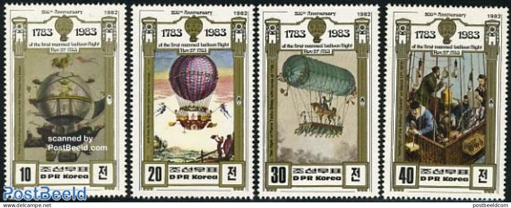 Korea, North 1982 200 Years Aviation 4v, Mint NH, Nature - Transport - Horses - Balloons - Montgolfier