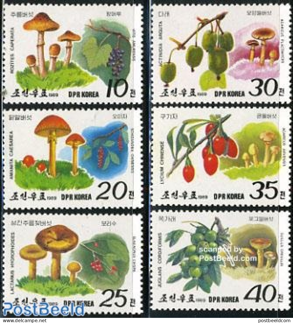 Korea, North 1989 Mushrooms & Berries 6v, Mint NH, Nature - Fruit - Mushrooms - Fruits