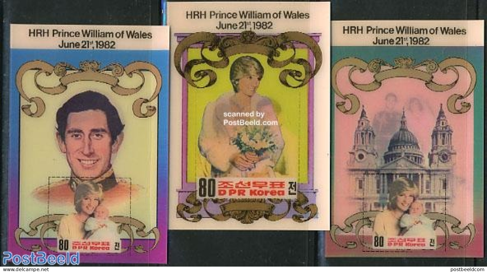 Korea, North 1982 Birth Of Prince William 3 S/s, 3-D Stamps, Mint NH, History - Various - Charles & Diana - Kings & Qu.. - Familles Royales