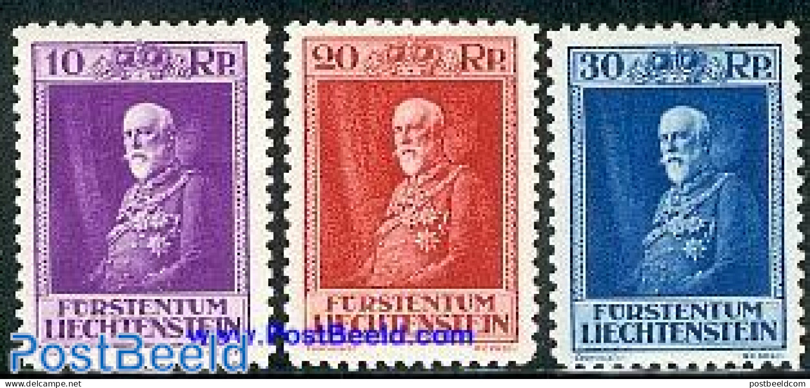 Liechtenstein 1933 Franz I 80th Anniversary 3v, Unused (hinged), History - Kings & Queens (Royalty) - Neufs