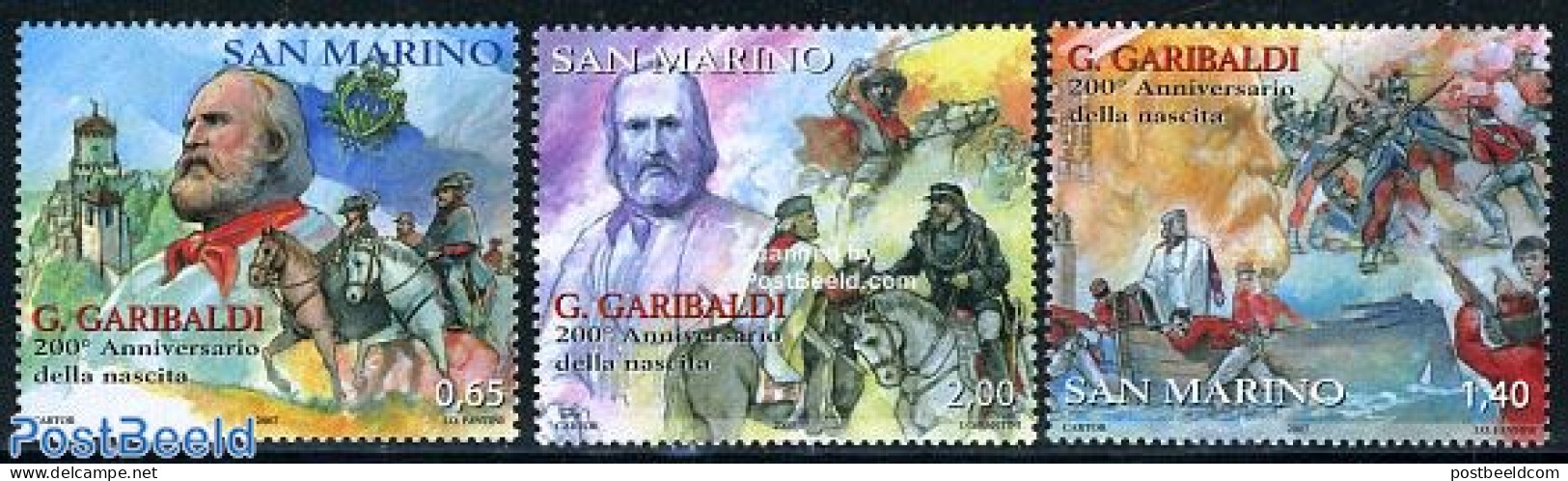 San Marino 2007 Garibaldi 3v, Mint NH, Nature - Transport - Horses - Ships And Boats - Unused Stamps