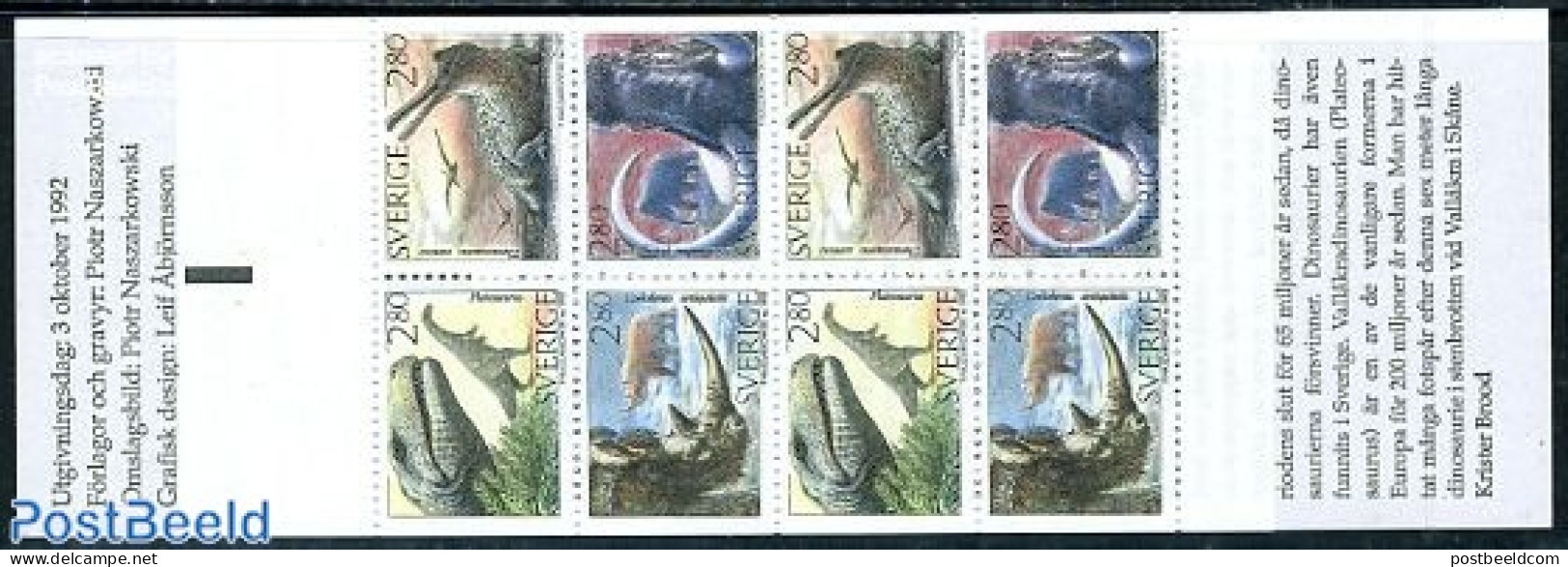 Sweden 1992 Prehistoric Animals Booklet, Mint NH, Nature - Prehistoric Animals - Stamp Booklets - Unused Stamps
