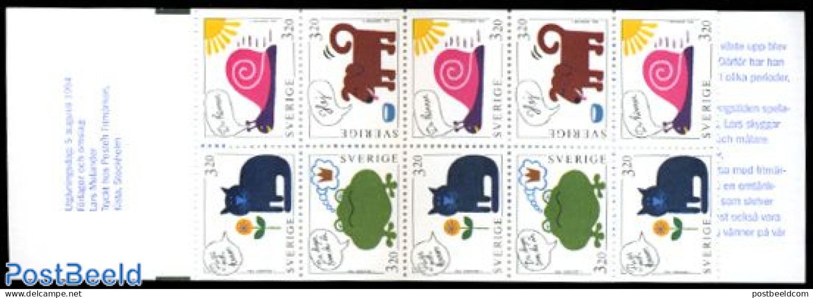 Sweden 1994 Greeting Stamps Booklet, Mint NH, Nature - Cats - Dogs - Frogs & Toads - Stamp Booklets - Ungebraucht