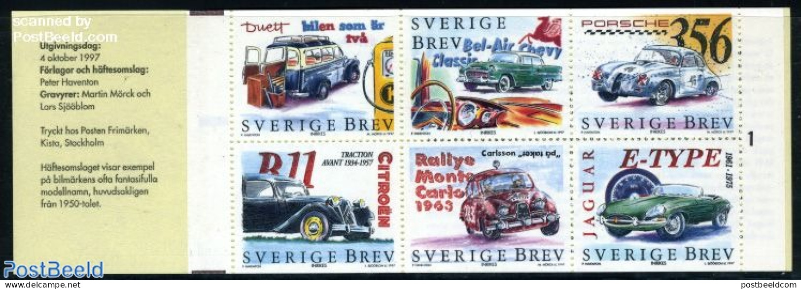 Sweden 1997 Automobiles 6v In Booklet, Mint NH, Transport - Stamp Booklets - Automobiles - Neufs