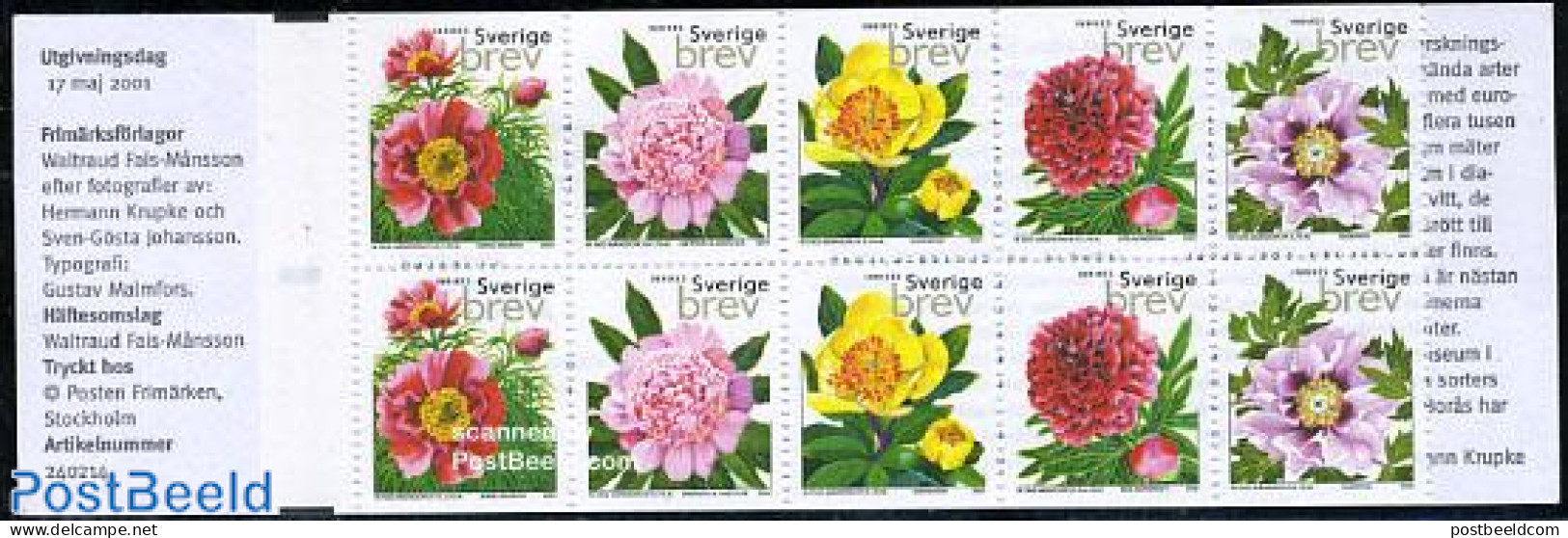Sweden 2001 Roses 2x5v In Booklet, Mint NH, Nature - Flowers & Plants - Roses - Stamp Booklets - Neufs