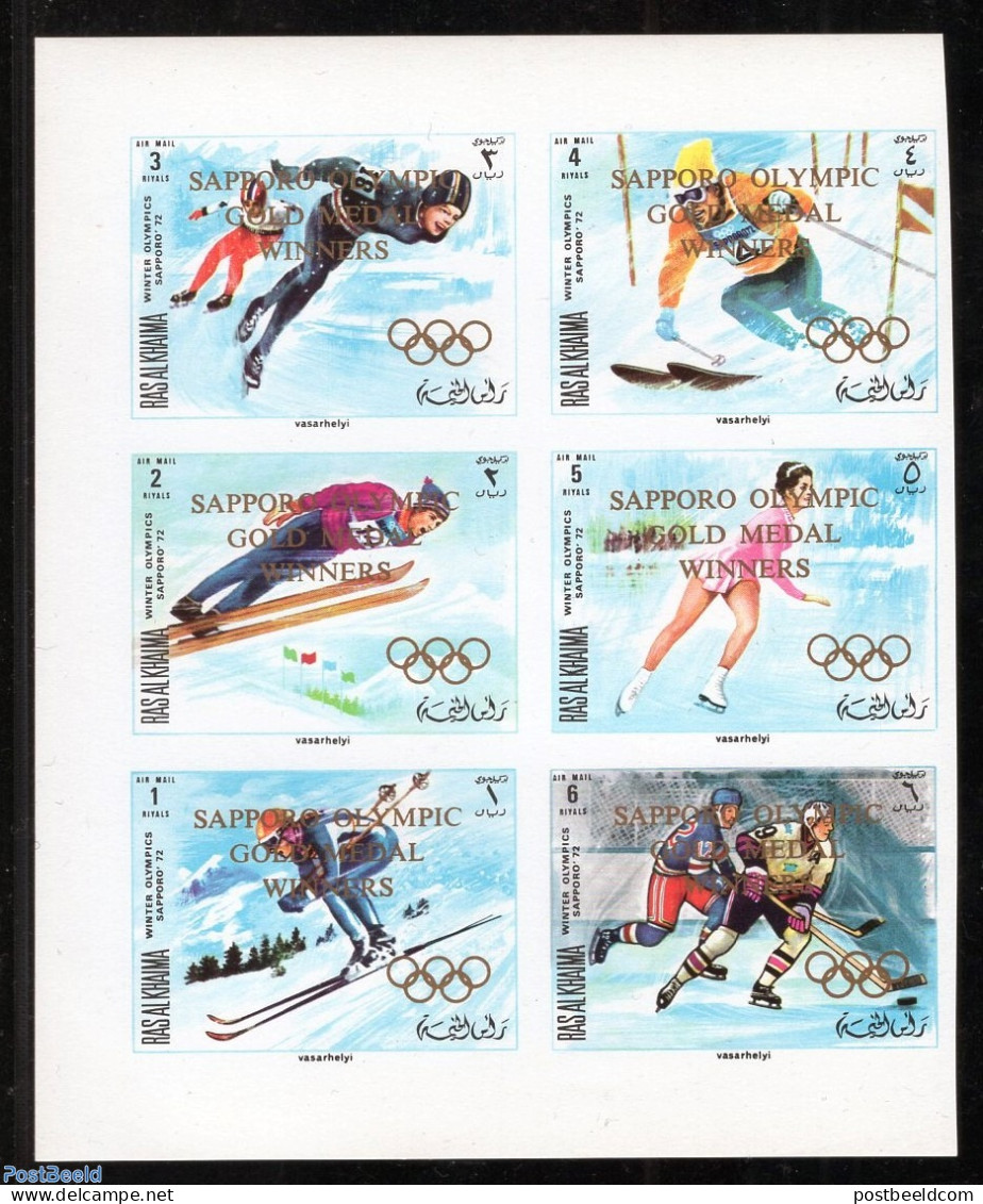 Ras Al-Khaimah 1971 Winter Olympics Winners 6v, Sheetlet, Imperforated, Mint NH, Sport - Ice Hockey - Olympic Winter G.. - Hockey (Ice)
