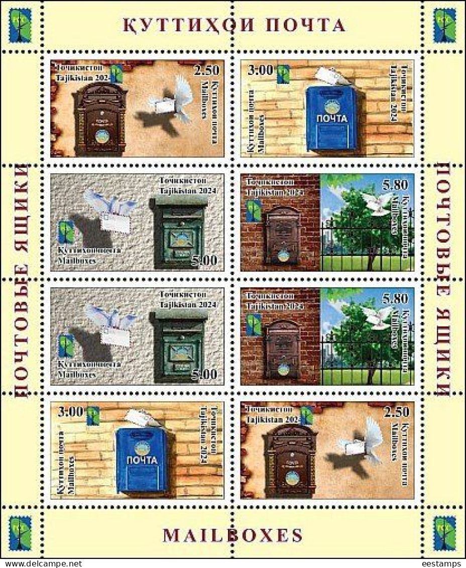 Tajikistan 2024 . Mailboxes. ( RCC, Pigeons ). Sheetlet Of 8 - Tadjikistan