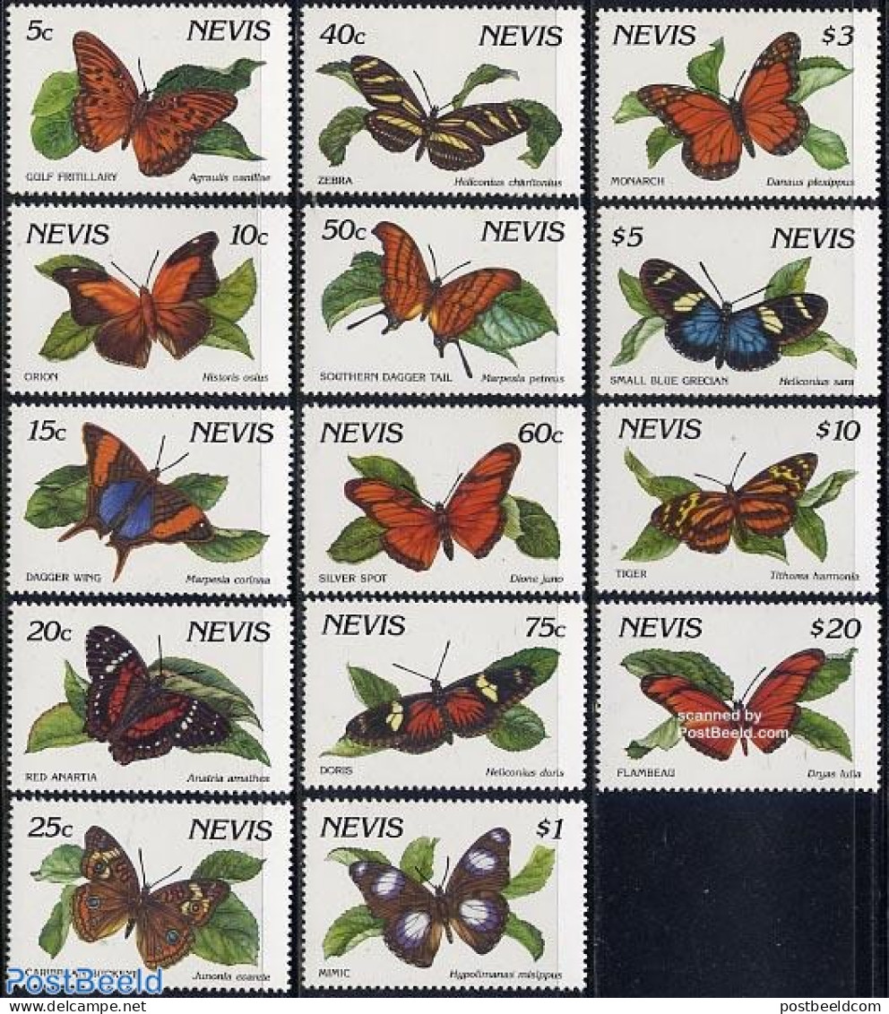 Nevis 1991 Butterflies 14v (without Year), Mint NH, Nature - Butterflies - St.Kitts And Nevis ( 1983-...)