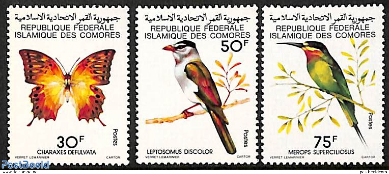 Comoros 1979 Birds, Butterflies 3v, Mint NH, Nature - Birds - Butterflies - Komoren (1975-...)