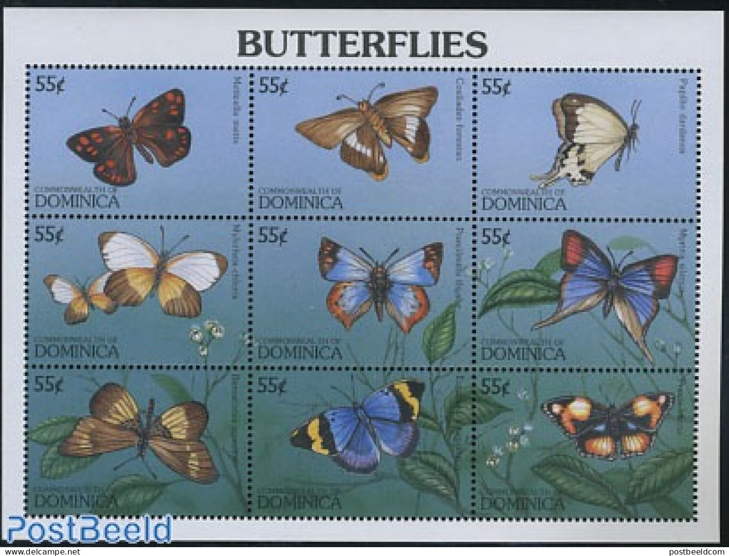 Dominica 1997 Butterflies 9v M/s (9x55c), Mint NH, Nature - Butterflies - Dominicaanse Republiek